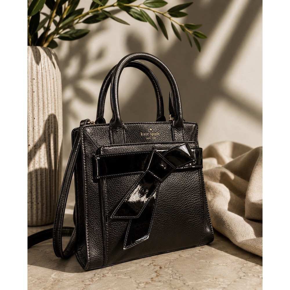 Kate Spade Black Pebbled Leather Bow Satchel Crossbody Bag PXRU5066